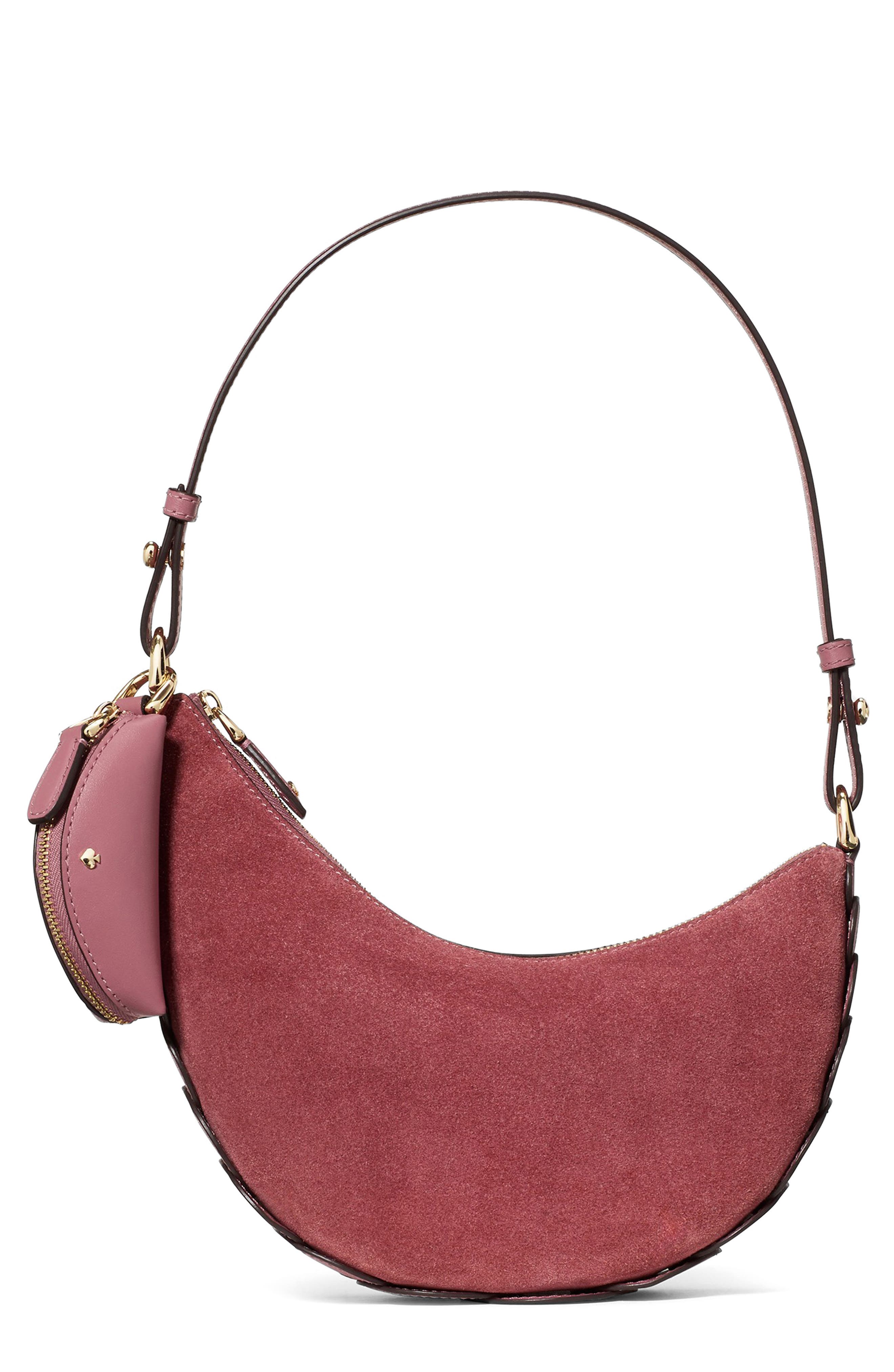 Duo Dot Gusset Suede Mini Shoulder Bag, Main, color, POMEGRANATE.