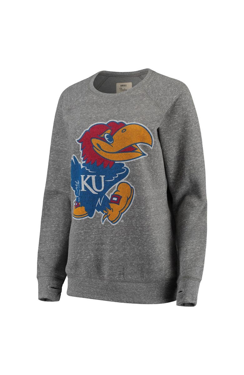 PRESSBOX Women's Pressbox Heathered Gray Kansas Jayhawks Big Team Logo Knobi Fleece Tri-Blend Crew Neck Sweatshirt, Alternate, color,