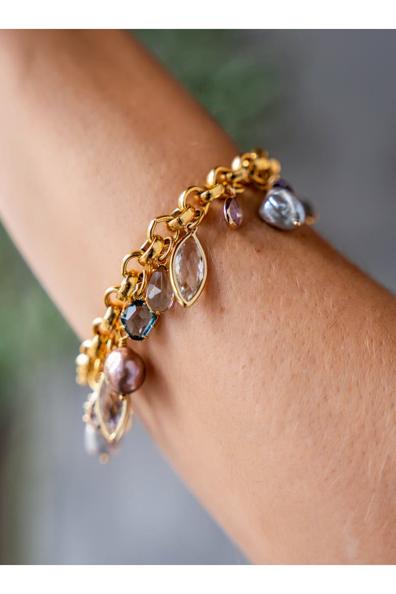 Colorful Gemstone and Pearl Charm Bracelet, Alternate, color, Gold