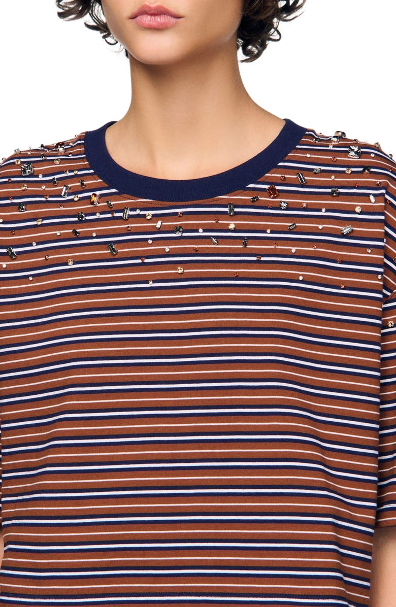 SANDRO Striped rhinestone T-shirt, Alternate, color, Brown / Deep Blu