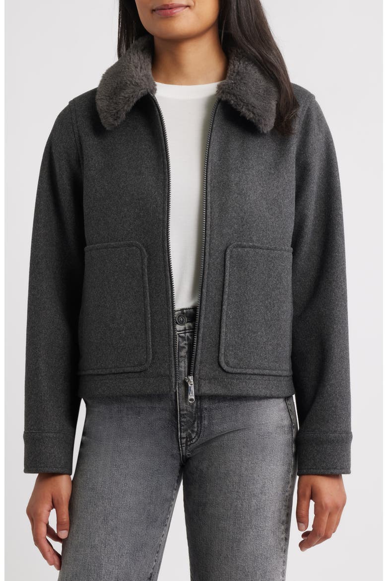 Faux Fur Collar Zip-Up Jacket, Alternate, color, CHARCOAL