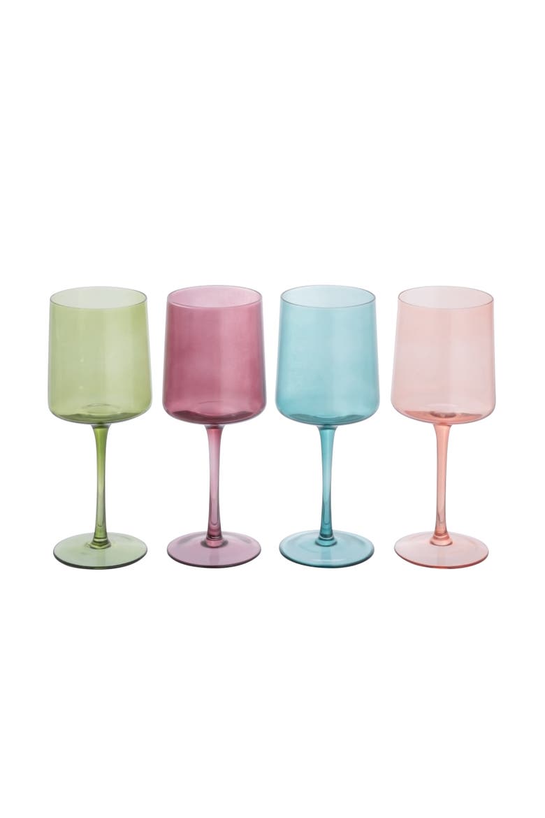 Hand Blown Stemmed Wine Glasses, 14 Ounces, 4 Assorted Colors, Main, color, Green