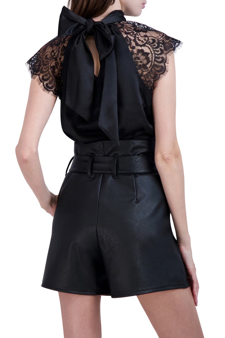 Tie Back Mock Neck Lace Sleeve Satin Blouse, Alternate, color, BLACK