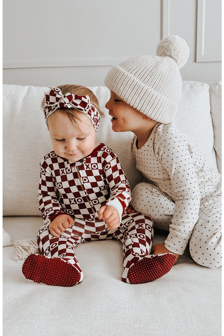 XO Checkerboard Organic Cotton Zip Footie, Alternate, color, CRIMSON XO CHECKER