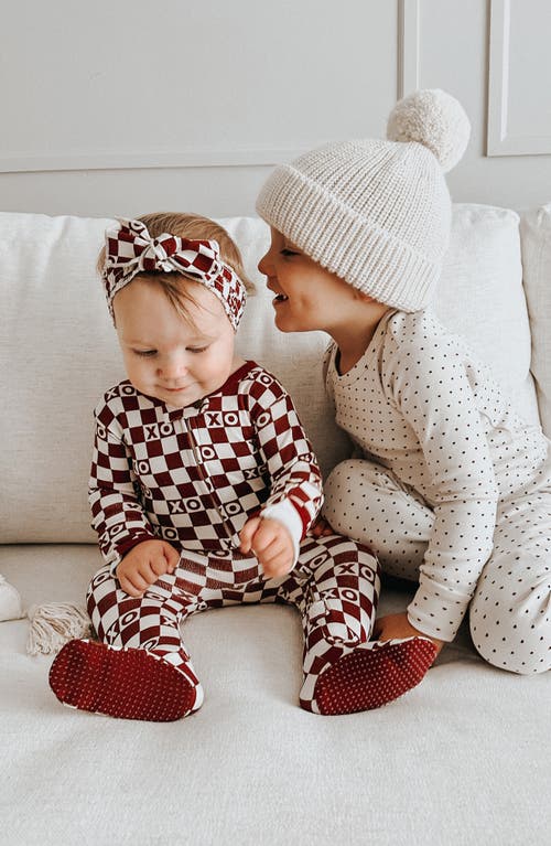 L'ovedbaby Xo Checkerboard Organic Cotton Zip Footie In Crimson Xo Checker