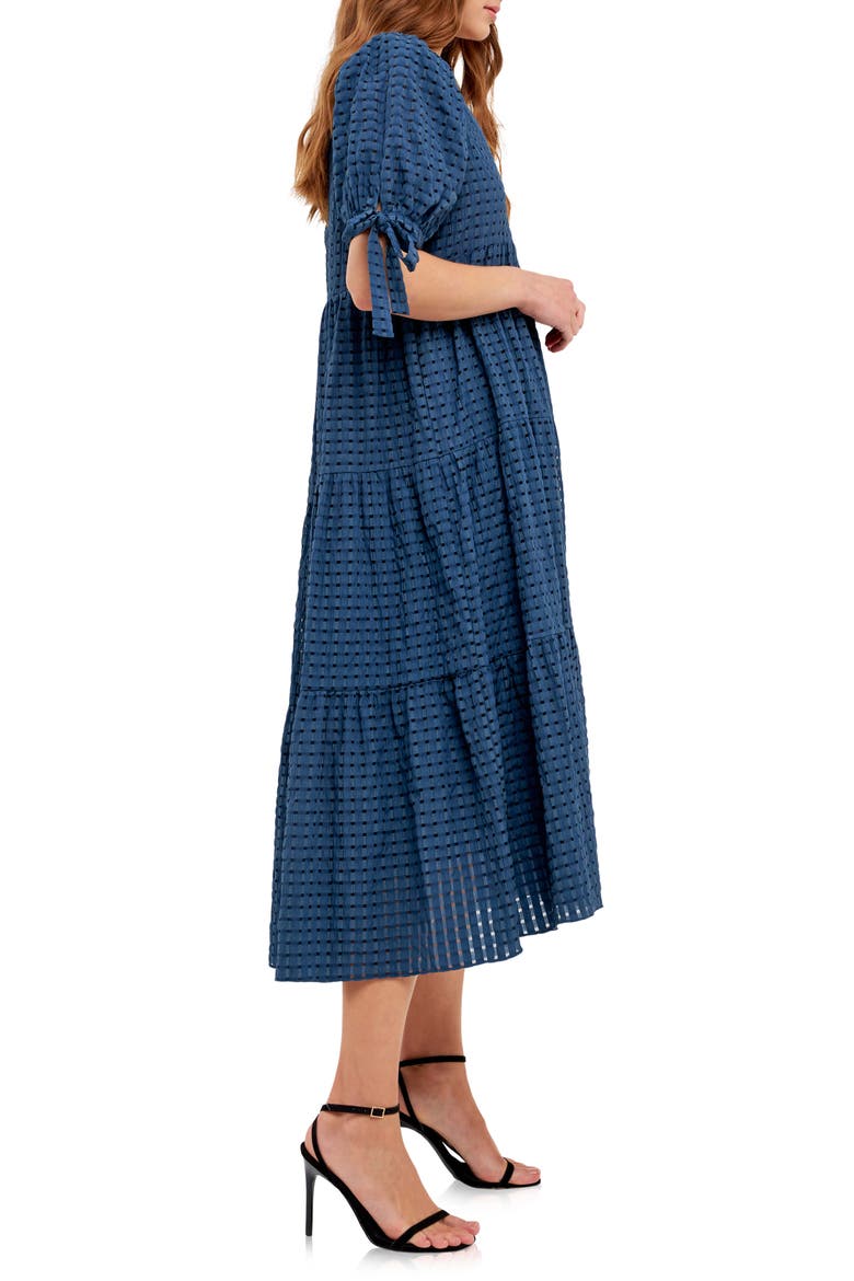 Gingham Tiered Midi Dress, Alternate, color, NAVY