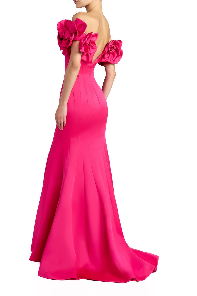 Satin Off The Shoulder Floral Detail Trumpet Gown, Alternate, color, Hot Pink