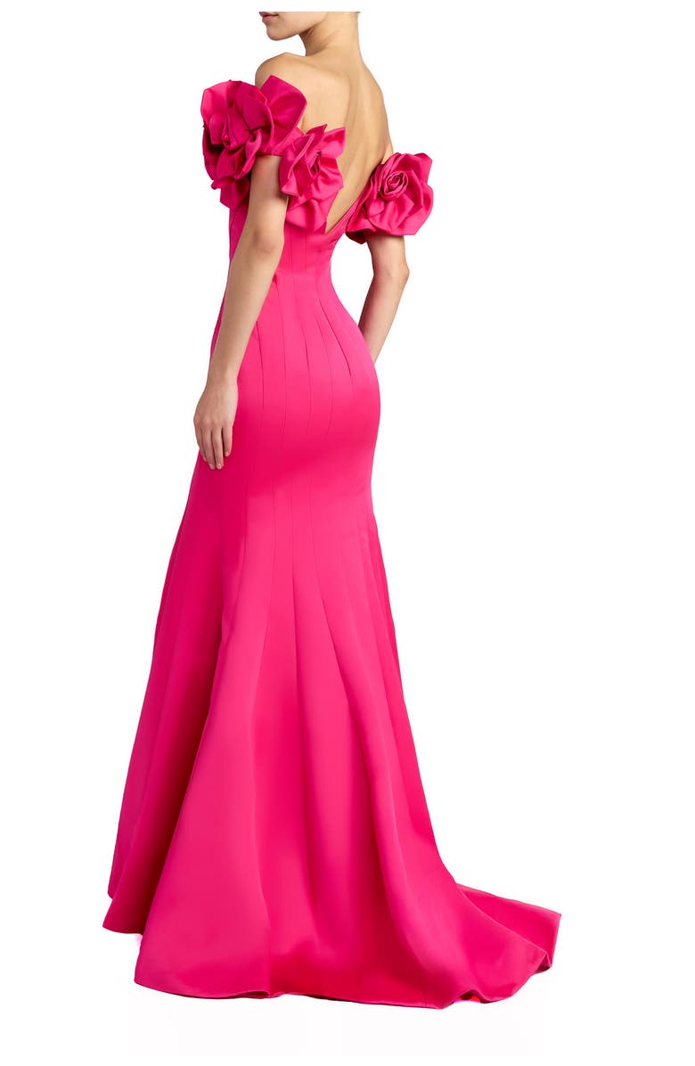 Mac Duggal Satin Off The Shoulder Floral Detail Trumpet Gown, Alternate, color, Hot Pink