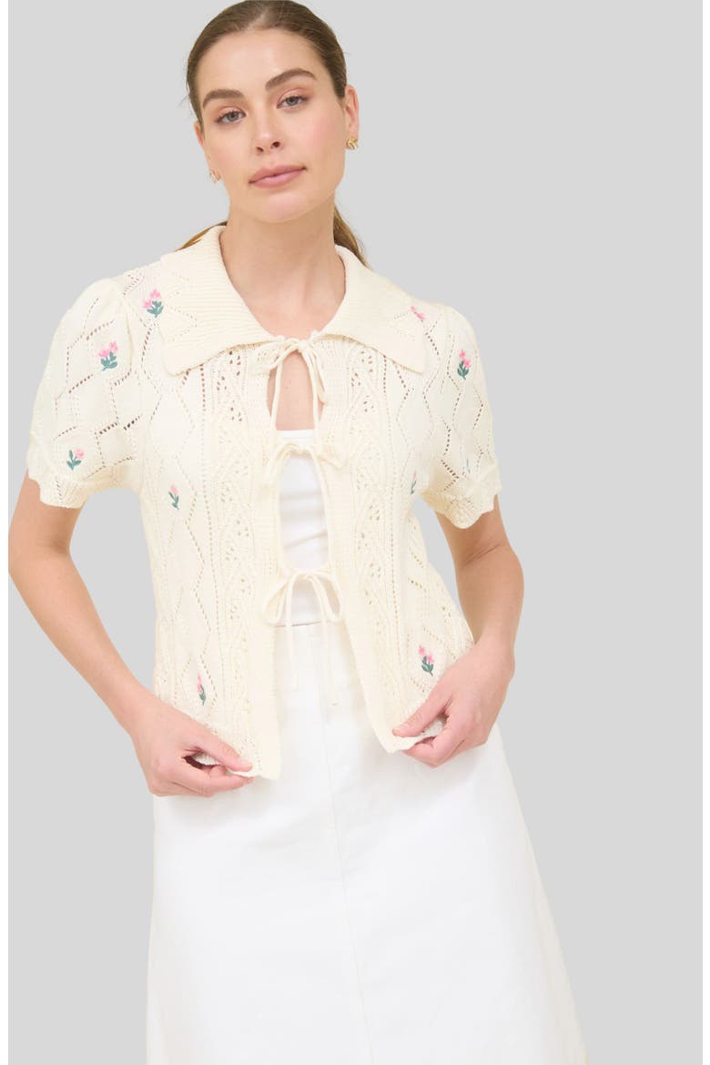 Floral Tie Front Cardigan, Alternate, color, CREAM