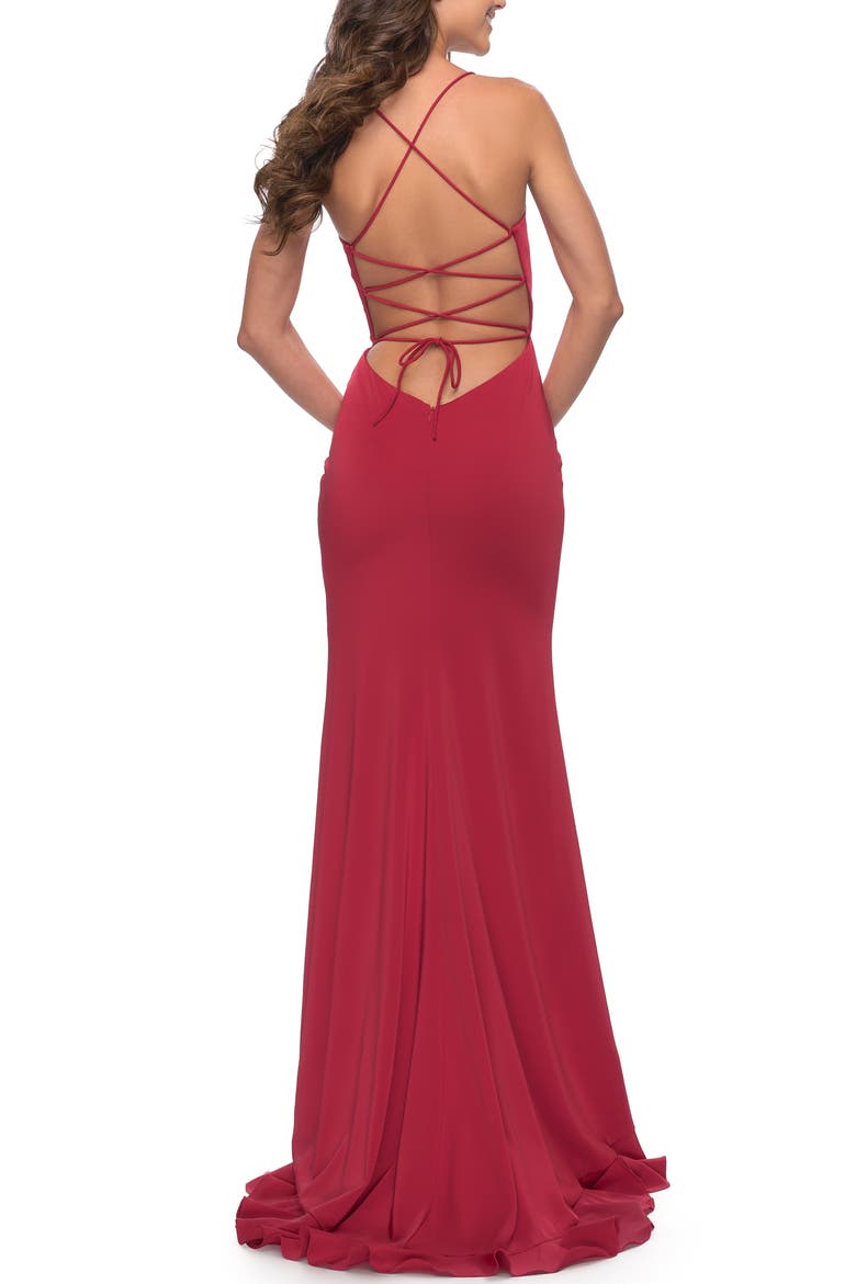Ruffle Prom Dress with Scoop Neck and Lace Up Back, Alternate, color, RED