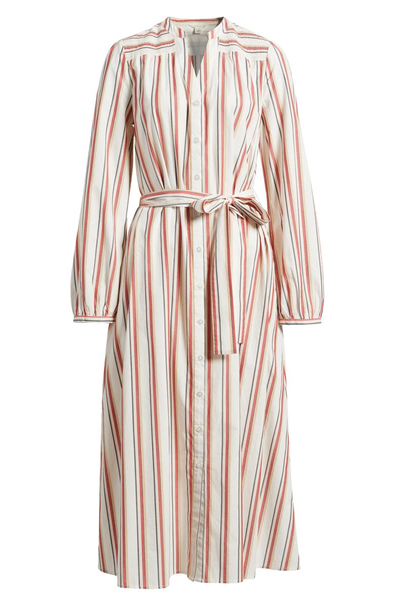 Caslon<sup>®</sup> Smocked Shoulder Long Sleeve Cotton Midi Dress, Alternate, color, Ivory- Red Audrey Stripe