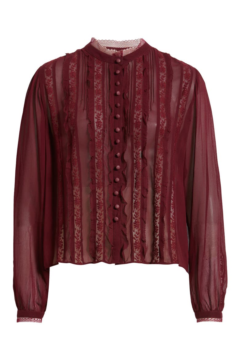 Alvynne Lace & Ruffle Detail Button-Up Shirt, Alternate, color, OXBLOOD