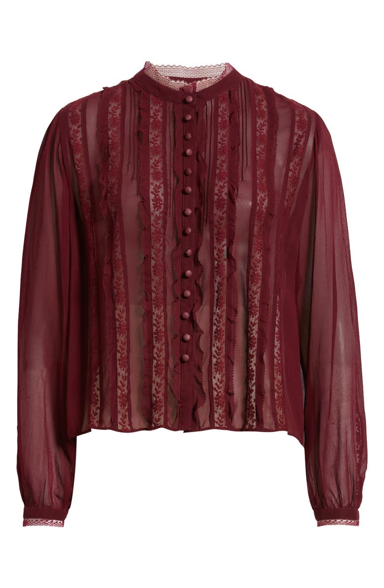 LoveShackFancy Alvynne Lace & Ruffle Detail Button-Up Shirt, Alternate, color, Oxblood