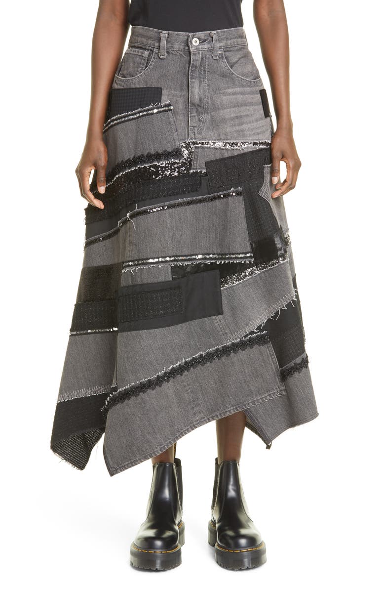 Junya Watanabe Asymmetric Mixed Media Skirt, Main, color, 