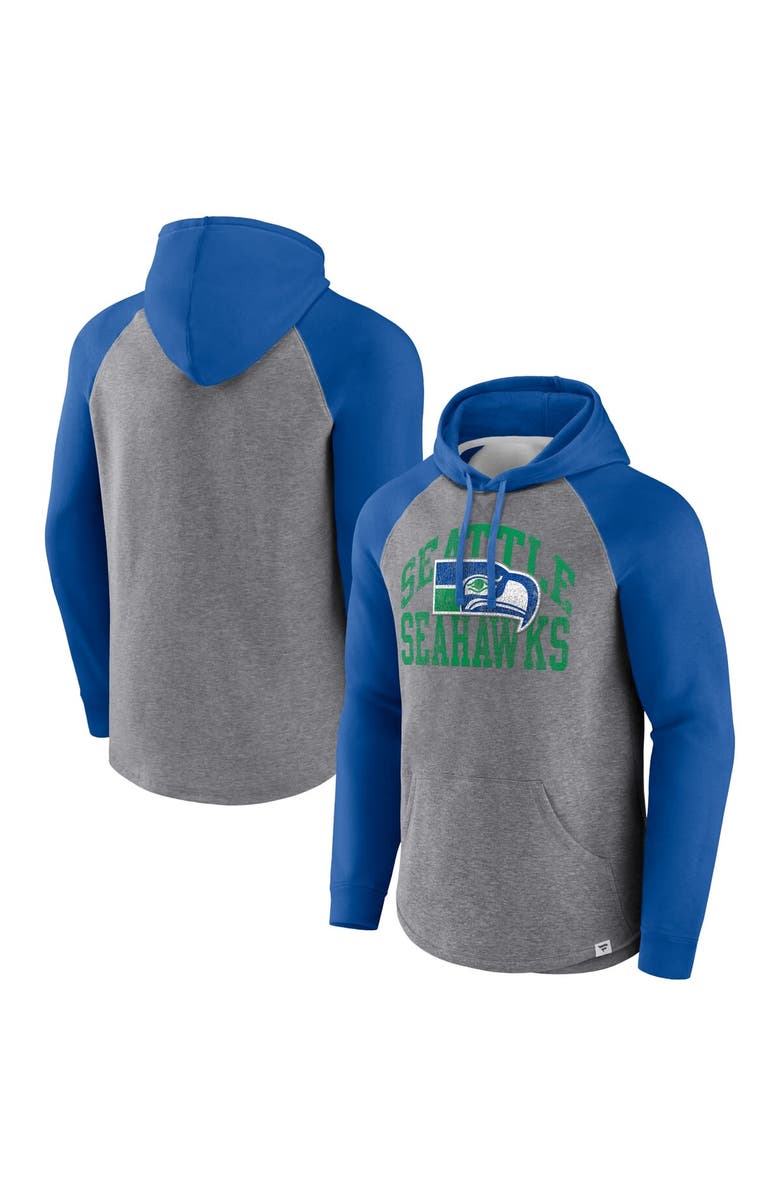 PROFILE Men's Profile Heather Gray/Royal Seattle Seahawks Big & Tall Favorite Arch Throwback Raglan Pullover Hoodie, Main, color, 