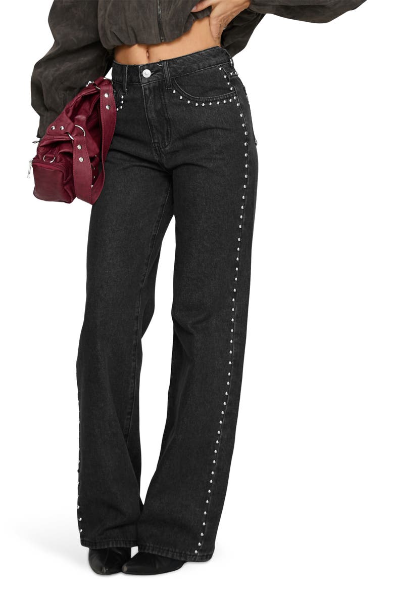 Saving Up Studded Mid Rise Straight Leg Jeans, Main, color, JET BLACK