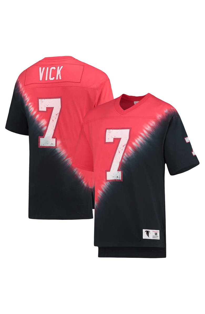 Mitchell & Ness Men's Mitchell & Ness Michael Vick Black/Red Atlanta Falcons Retired Player Name & Number Diagonal Tie-Dye V-Neck T-Shirt, Main, color, Black