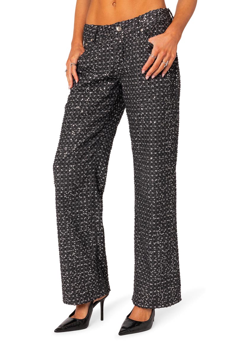 Nyah Sequin Low Rise Wide Leg Jeans, Main, color, BLACK