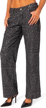 EDIKTED Nyah Sequin Low Rise Wide Leg Jeans