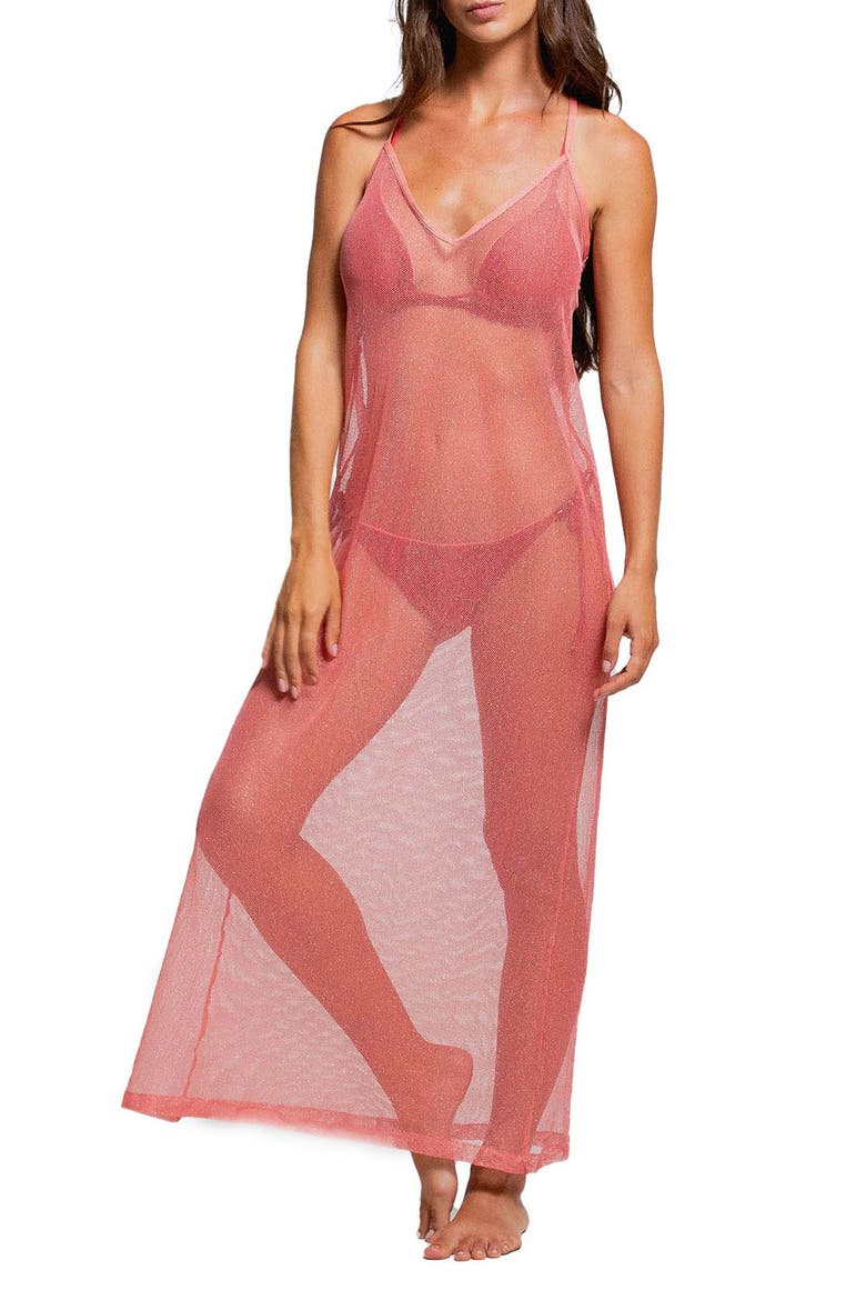 Metallic Sheer Halter Cover-Up Maxi Dress, Main, color, SUGAR POPPY