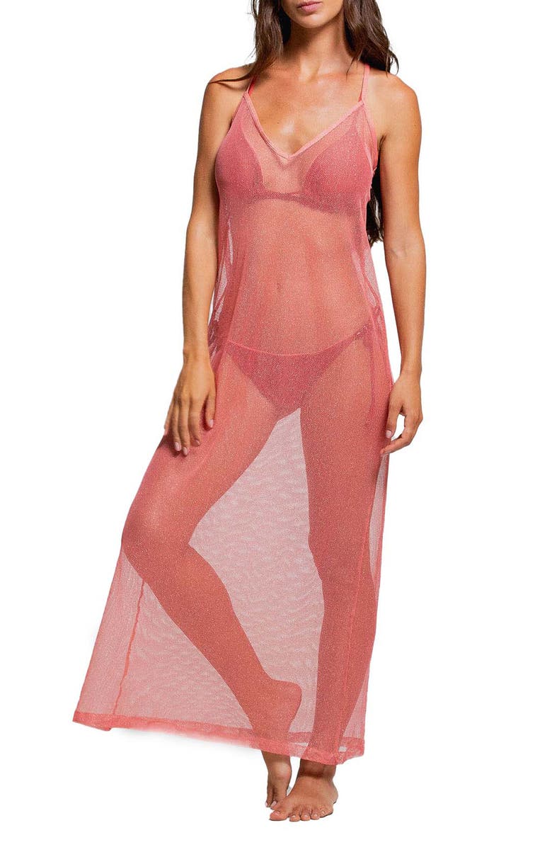 Cosita Linda Metallic Sheer Halter Cover-Up Maxi Dress, Main, color, 