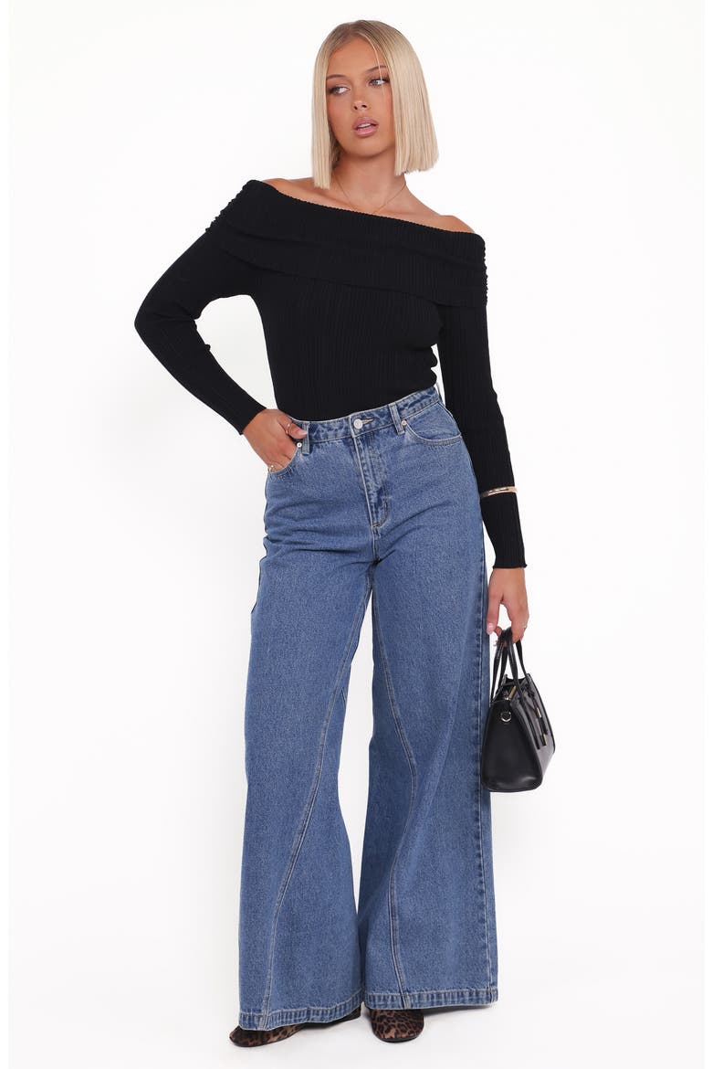 Junia Tie Back Off the Shoulder Rib Top, Alternate, color, BLACK