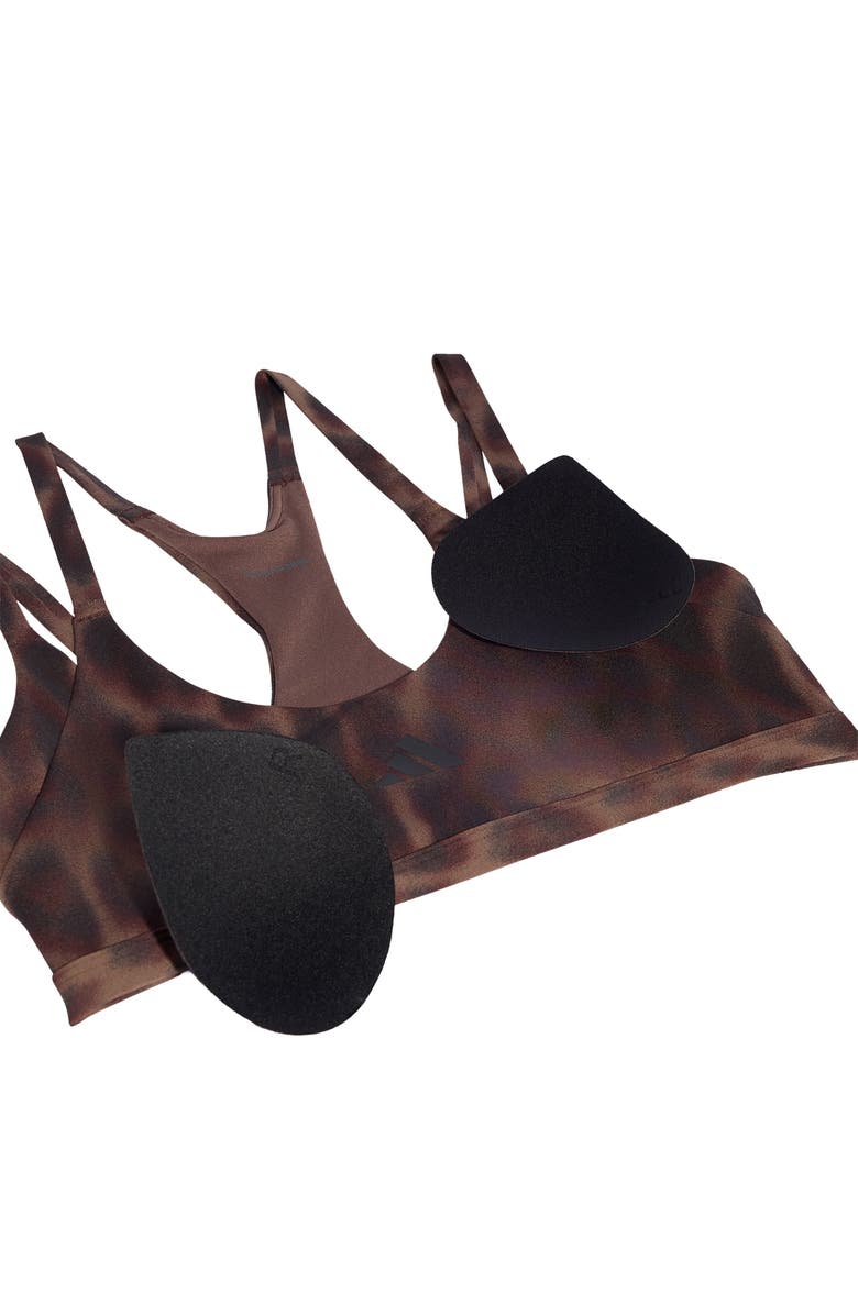 adidas Optime Leopard Strappy Light Support Climacool Sports Bra, Alternate, color, Earth Strata/ Black/ Print