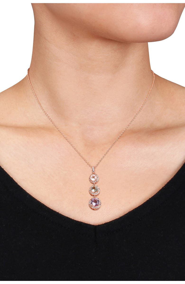 DELMAR Rose Quartz, Green Amethyst, & Rose de France Triple Drop Pendant Necklace, Alternate, color,