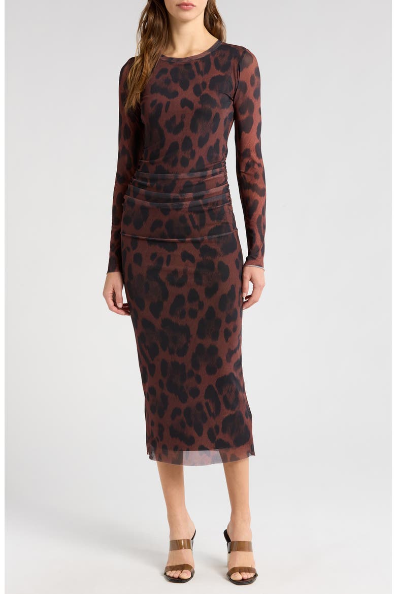 Ruched Long Sleeve Mesh Midi Dress, Main, color, TAN BOLD ANIMAL