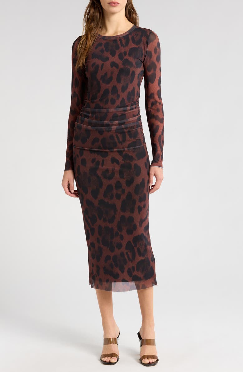 Socialite Ruched Long Sleeve Mesh Midi Dress, Main, color, 