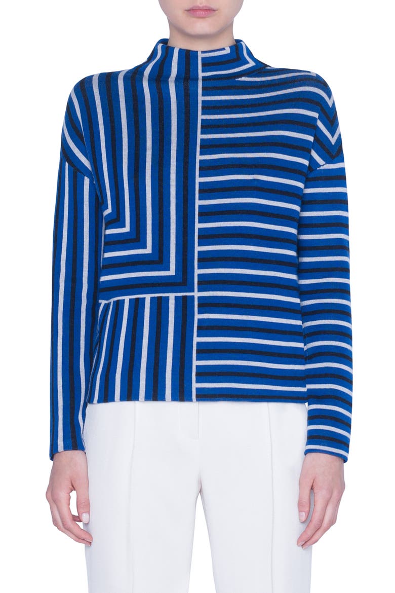 Square Stripe Jacquard Merino Wool Sweater, Main, color, LAKE/ DESERT/ BLACK