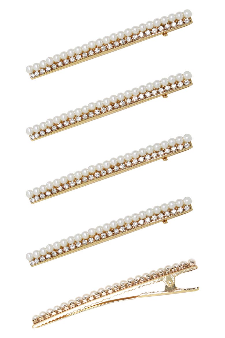 5-Pack Imitation Pearl & Crystal Hair Clips, Main, color, GOLD