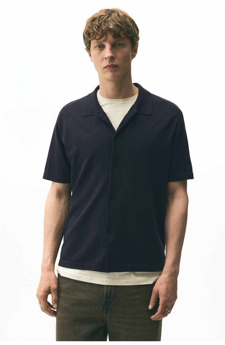 H&M Regular Fit Knitted Short-sleeved Shirt, Alternate, color, Navy Blue