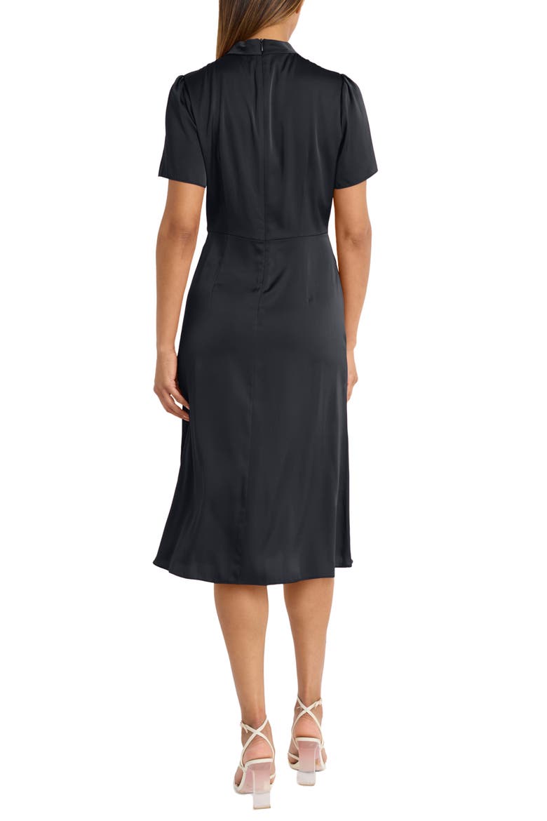 Tie Neck Short Sleeve Charmeuse Midi Dress, Alternate, color, BLACK