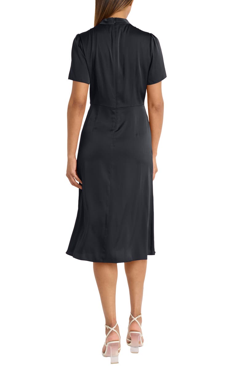 Maggy London Tie Neck Short Sleeve Charmeuse Midi Dress, Alternate, color, Black