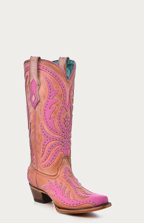 Stitched Leather Overlay Studded Snip Toe Western Boots