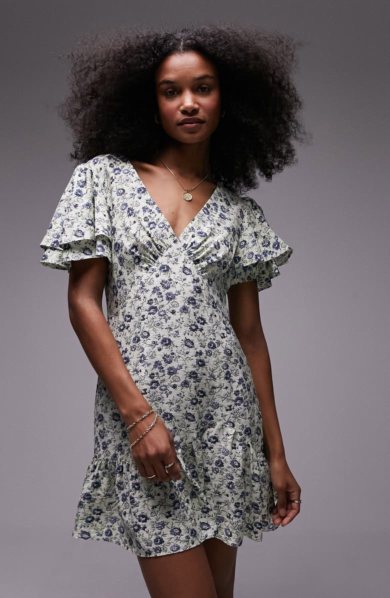 Topshop Bella Floral Flutter Sleeve Minidress, Alternate, color, 
