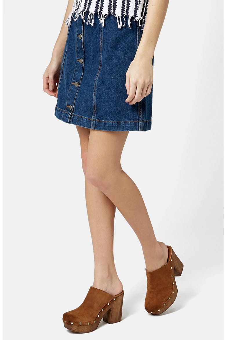 Moto Button Front Denim Miniskirt, Main, color, MID DENIM