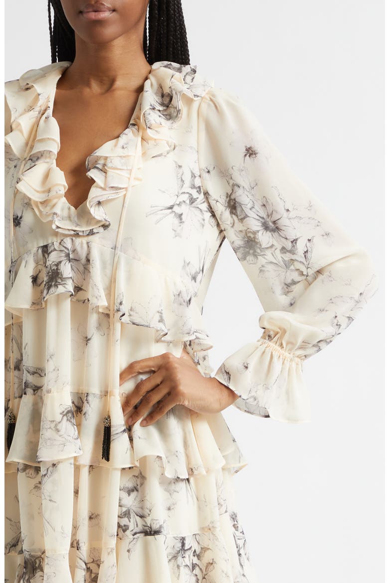 Sacha Floral Tiered Ruffle Trim Dress, Alternate, color, GARDENIA/ BLACK