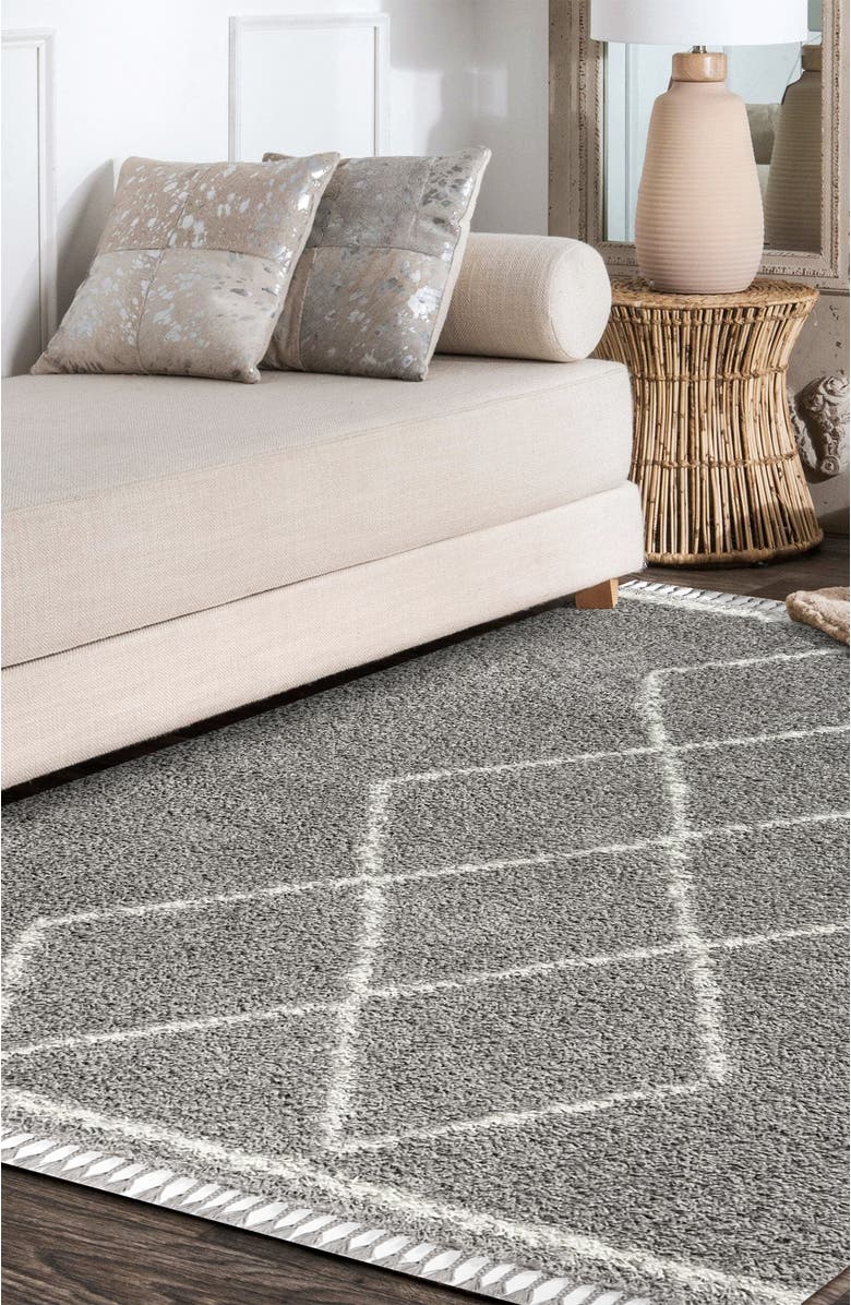 JONATHAN Y Mercer Shag Plush Tassel Moroccan Geometric Trellis Denim Area Rug, Alternate, color, Gray/Cream