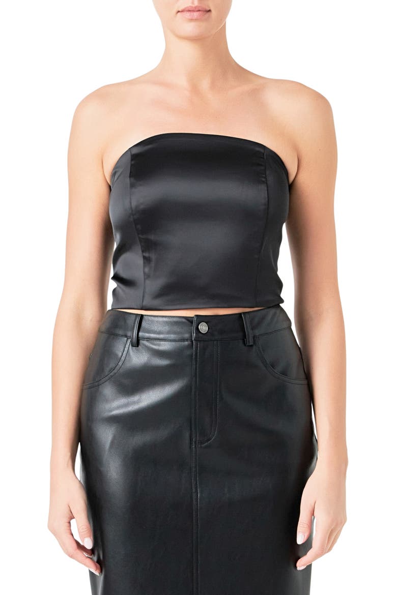 Strapless Satin Crop Top, Main, color, BLACK