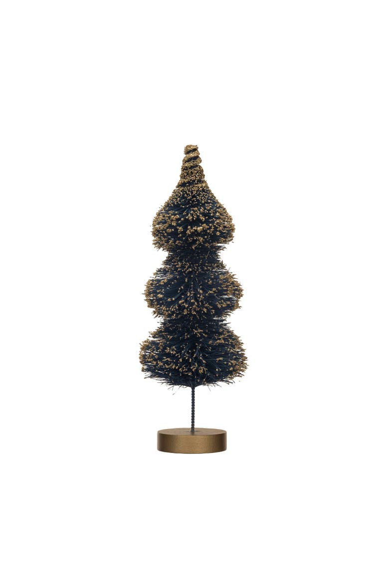 Sisal Bottle Brush Tree with Gold Glitter & Wood Base, Main, color, Gold & Blue