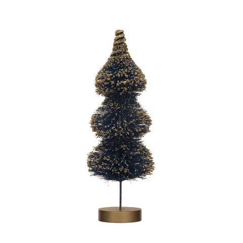 Sisal Bottle Brush Tree with Gold Glitter & Wood Base