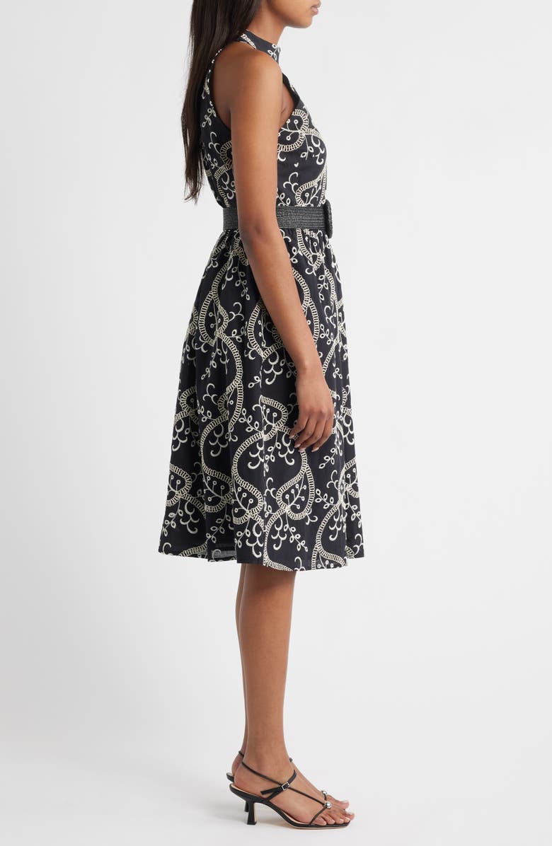 Anne Klein Embroidered Belted Cotton Midi Dress, Alternate, color, 