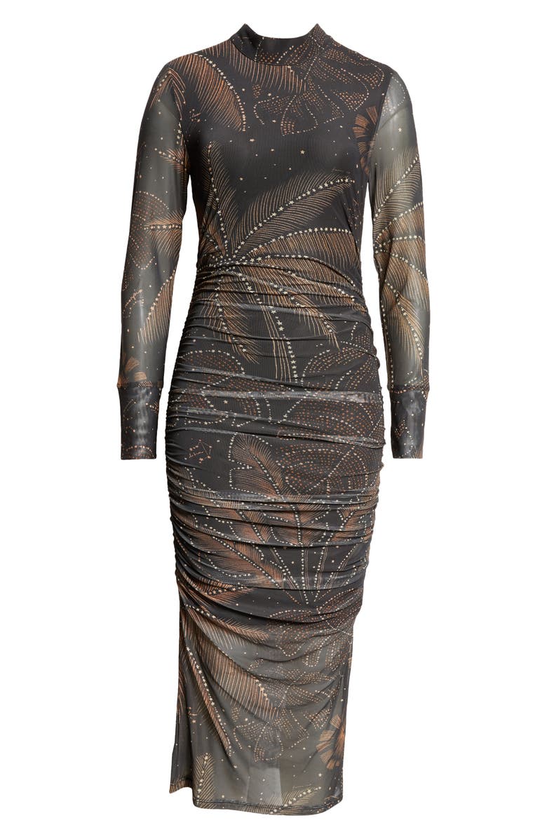 FARM Rio Golden Foliage Long Sleeve Tulle Midi Dress, Alternate, color,