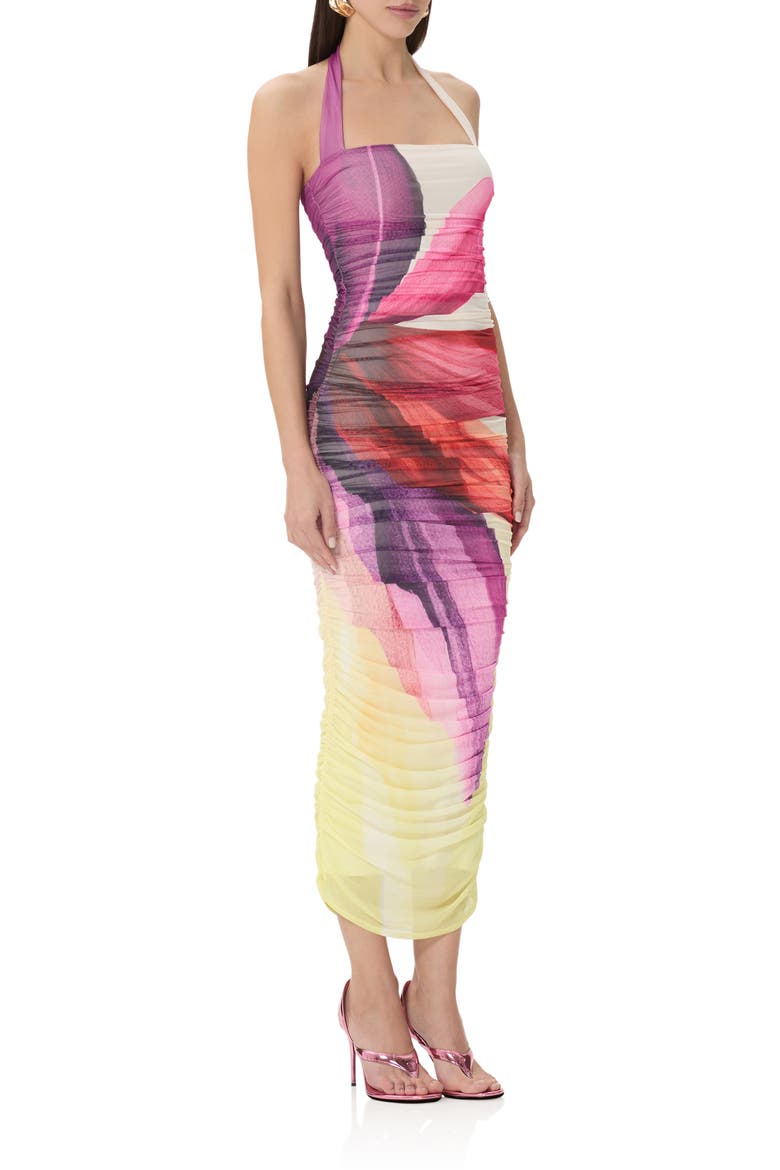 Indina Ruched Mesh Body-Con Maxi Dress, Alternate, color, LEMON LOTUS