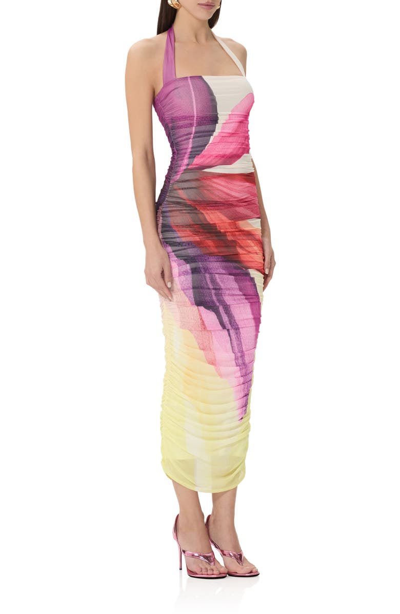 AFRM Indina Ruched Mesh Body-Con Maxi Dress, Alternate, color, Lemon Lotus