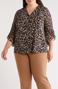 AK ANNE KLEIN Mixed Media Split Neck Top