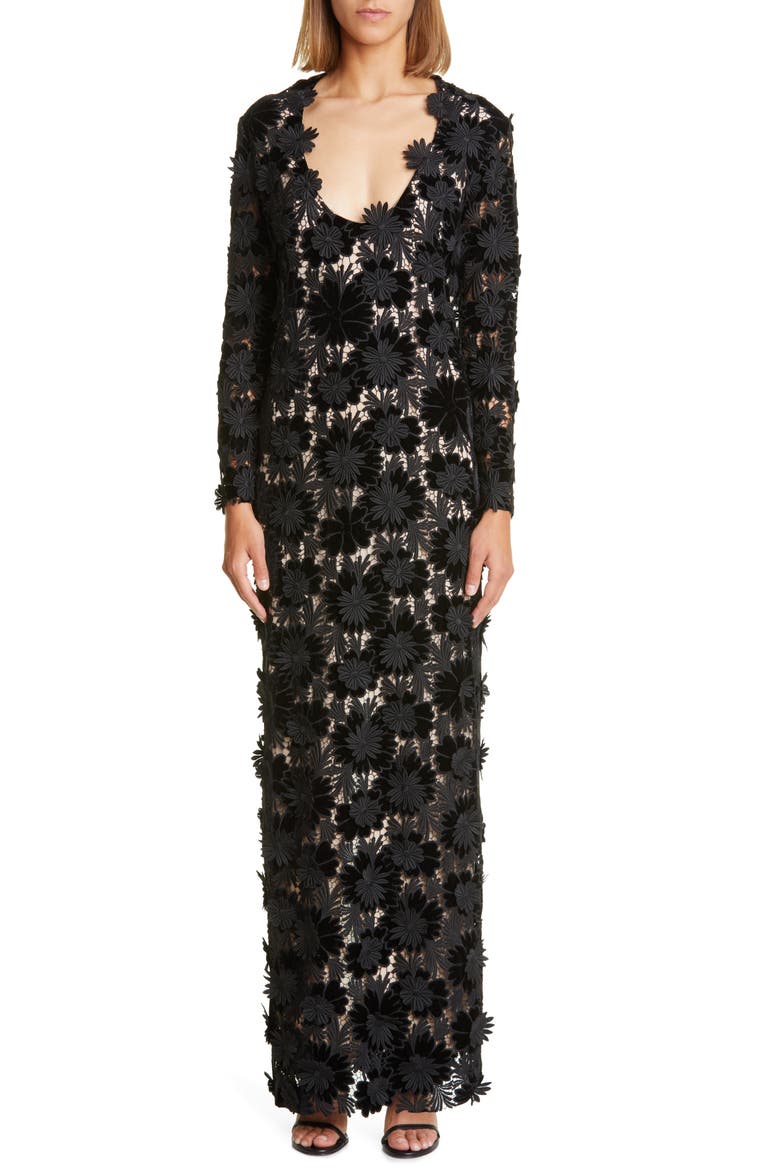 Plunge Neck Velvet Guipure Lace Gown, Main, color, BLACK