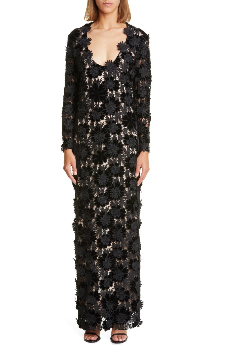Oscar de la Renta Plunge Neck Velvet Guipure Lace Gown, Main, color, 